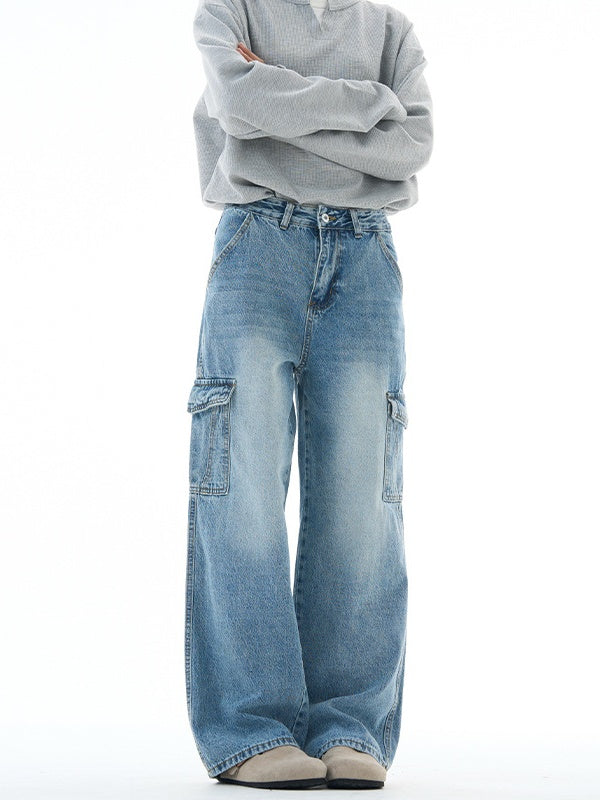 Washing Stereo Multiple Pockets Tooling All-match Wide-leg Pants Jeans
