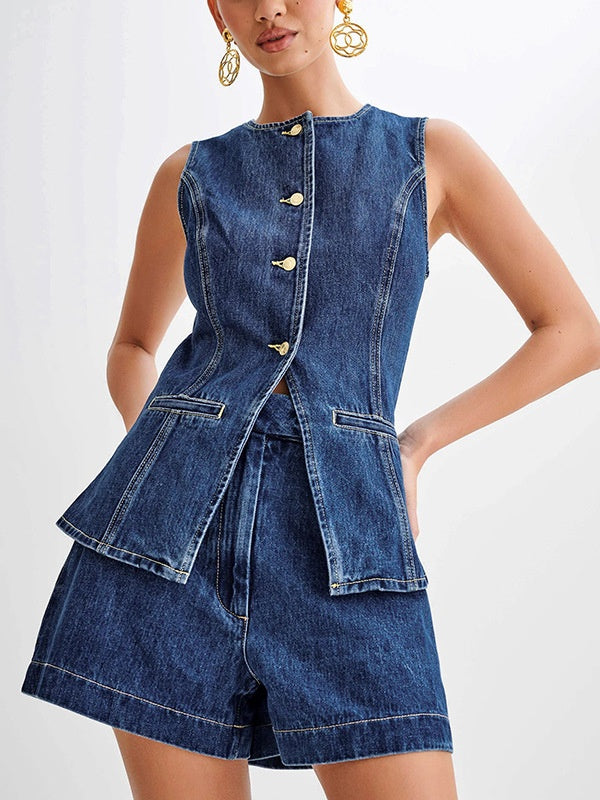 Sleeveless High-waisted Buttons Denim Vest And Shorts 2-piece Sets