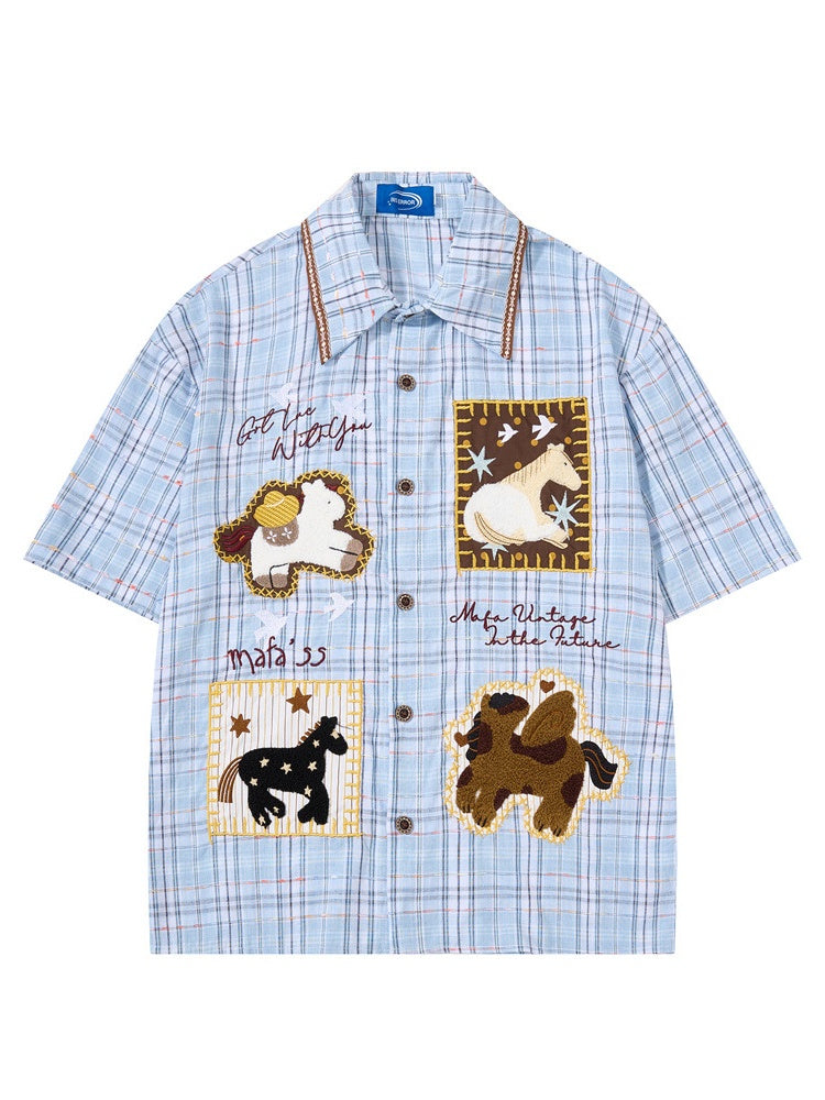 Cartoon Embroidery Plaid Loose-fit Shirts