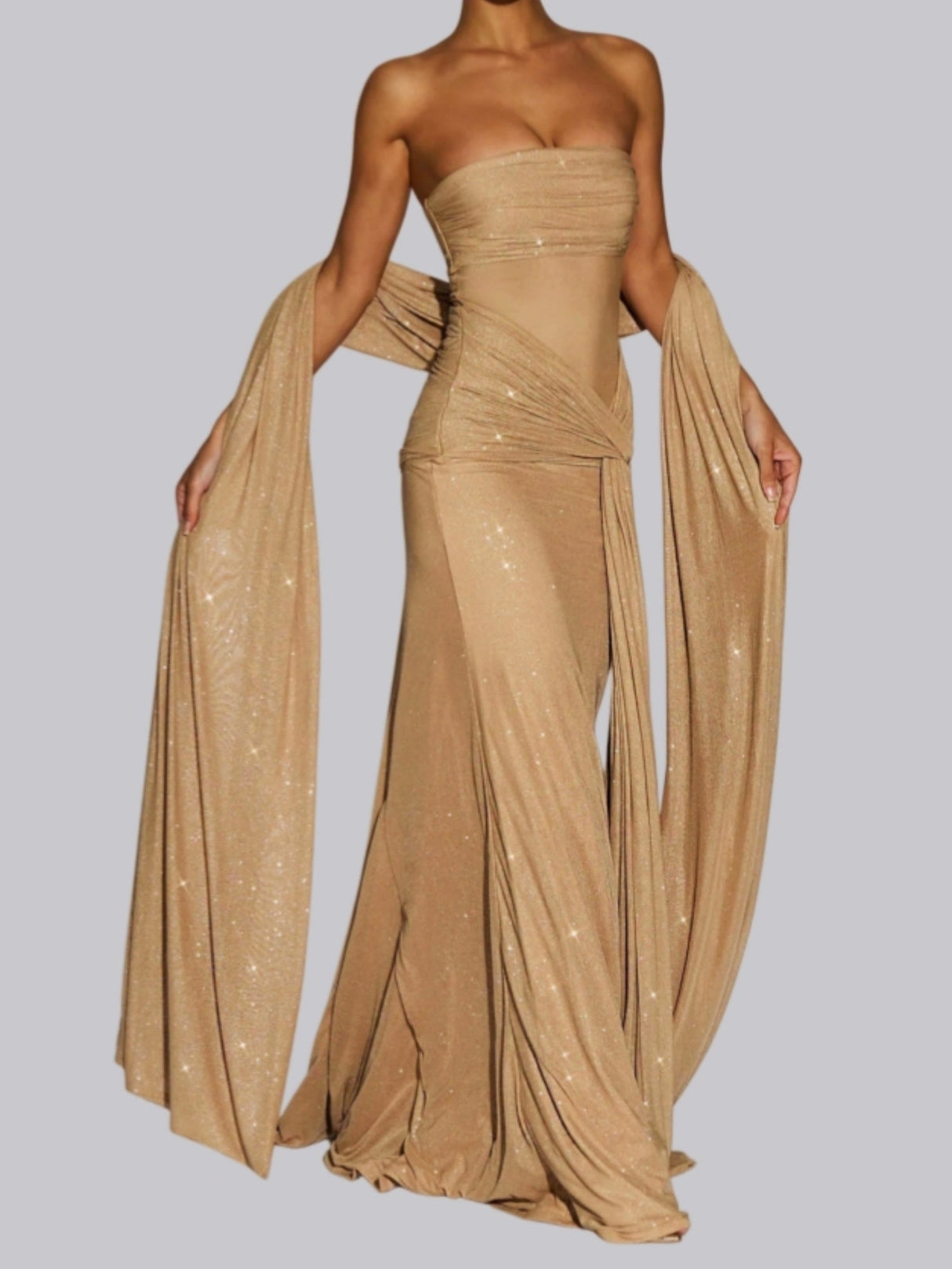 Sequined Strapless Top Perspective Ribbon Waist-cinching Belt Maxi Dresses