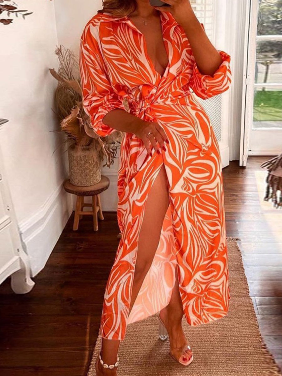 Wrap-up Shirt Collar Lace Up Printed Maxi Dresses
