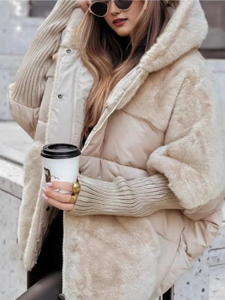 Loose-fitting Faux Fur Hoodie Quilting Knitted Cuff Cotton Jacket/down Jacket