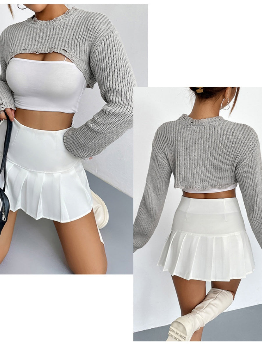 Liber Autumn women's knitted ripped short pullover mesh see-through top