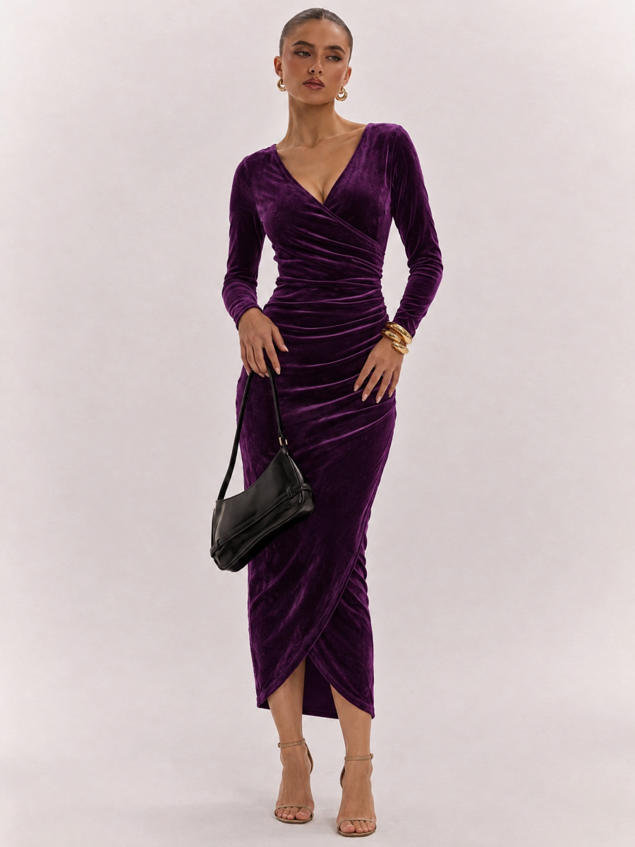 Goose Down V-neck Dress, Slim Fit, Pleated Patchwork, Irregular Skirt, Elegant Long Dress