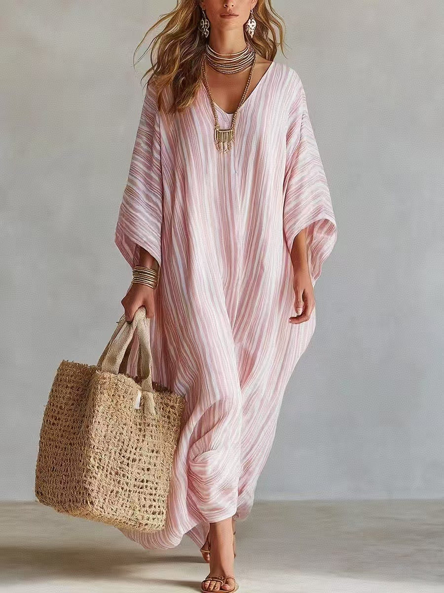 Striped Digital Print V-neck Three-quarter Sleeve Long Dress