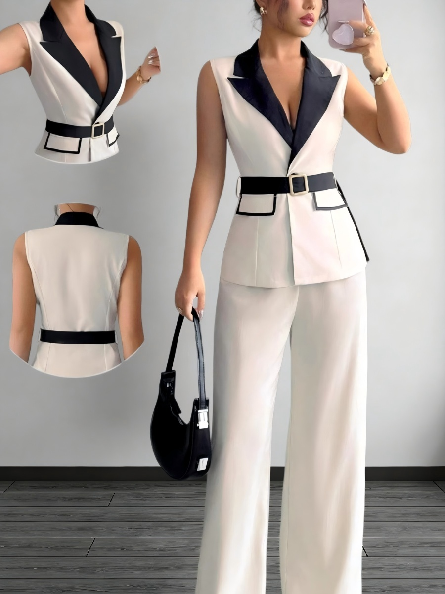 Straight-leg Trousers And Color-blocked Vest Two-piece Set