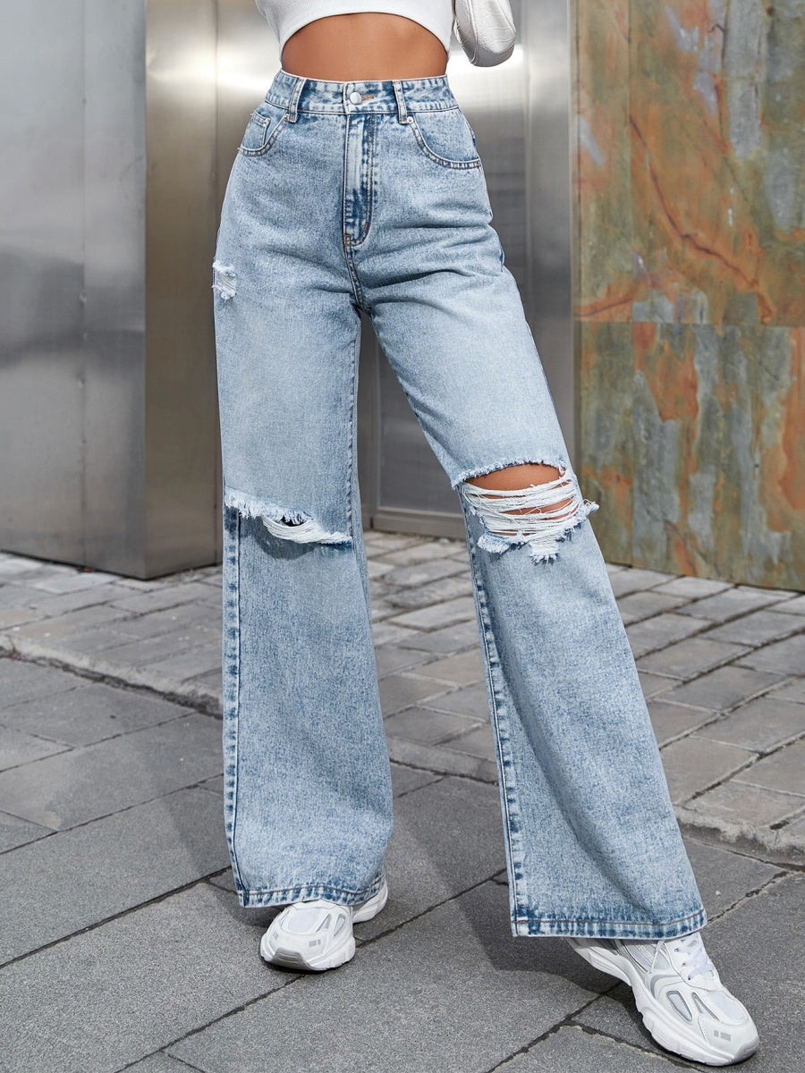 Hole High Waist Wide Leg Leisure Jeans