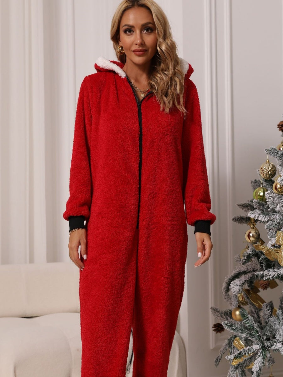 Jumpsuit Zipper Long Sleeve Pants Home Leisure Double-faced Fleece Christmas Style Hooded Christmas Jumpsuits/pants