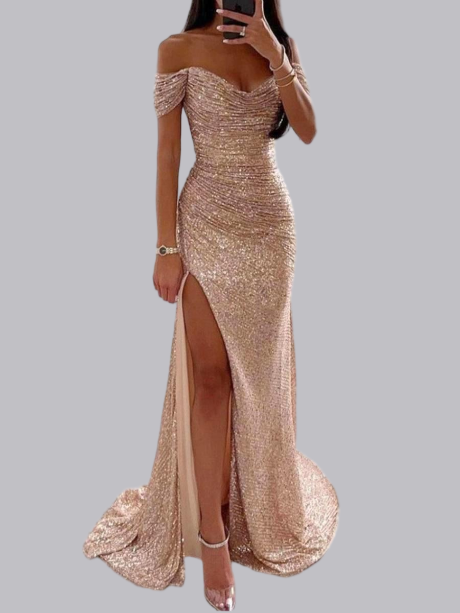 Robes maxi plissées à sequins, col asymétrique et fente