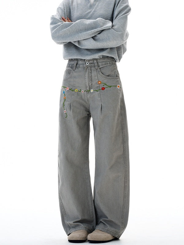 Floral Embroidery Vintage Design Machete Casual Wide-leg Pants