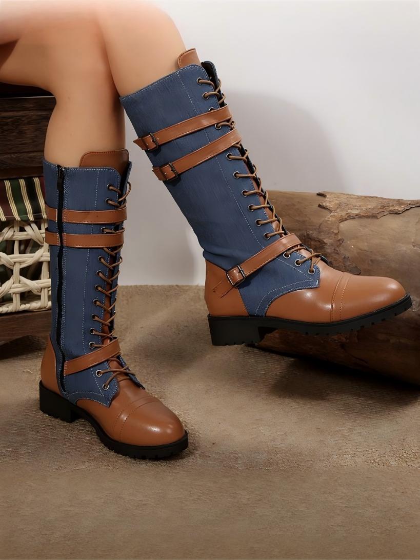 Color-blocked Denim Belt Buckle Knee-high Women's Boots