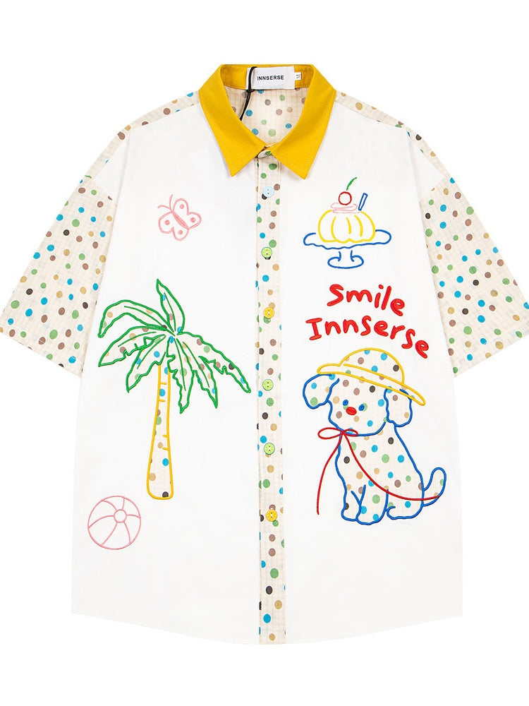 Cartoon Puppy Embroidery Hip Hop Dot Color-blocked Shirts