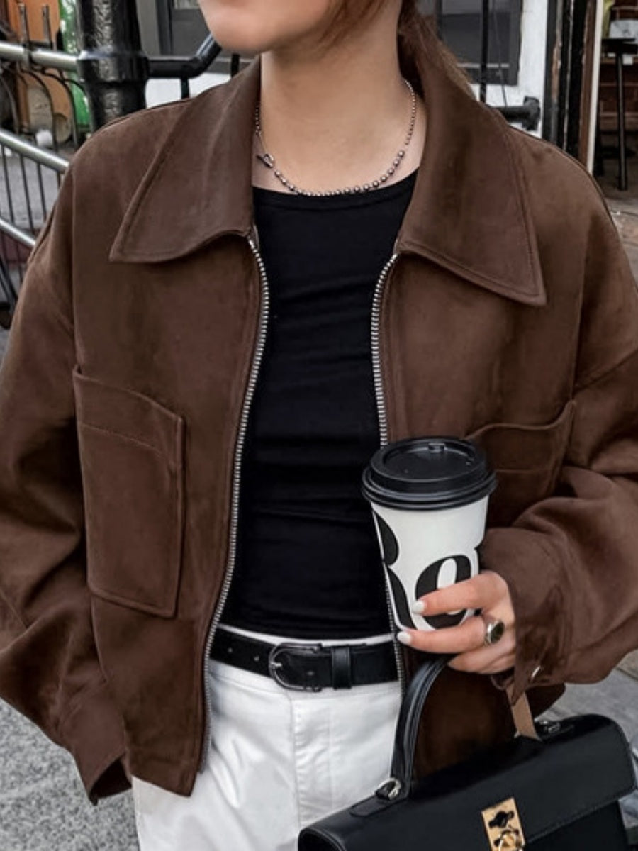 Basic Suede Pocket Trim Dark Brown Jacket