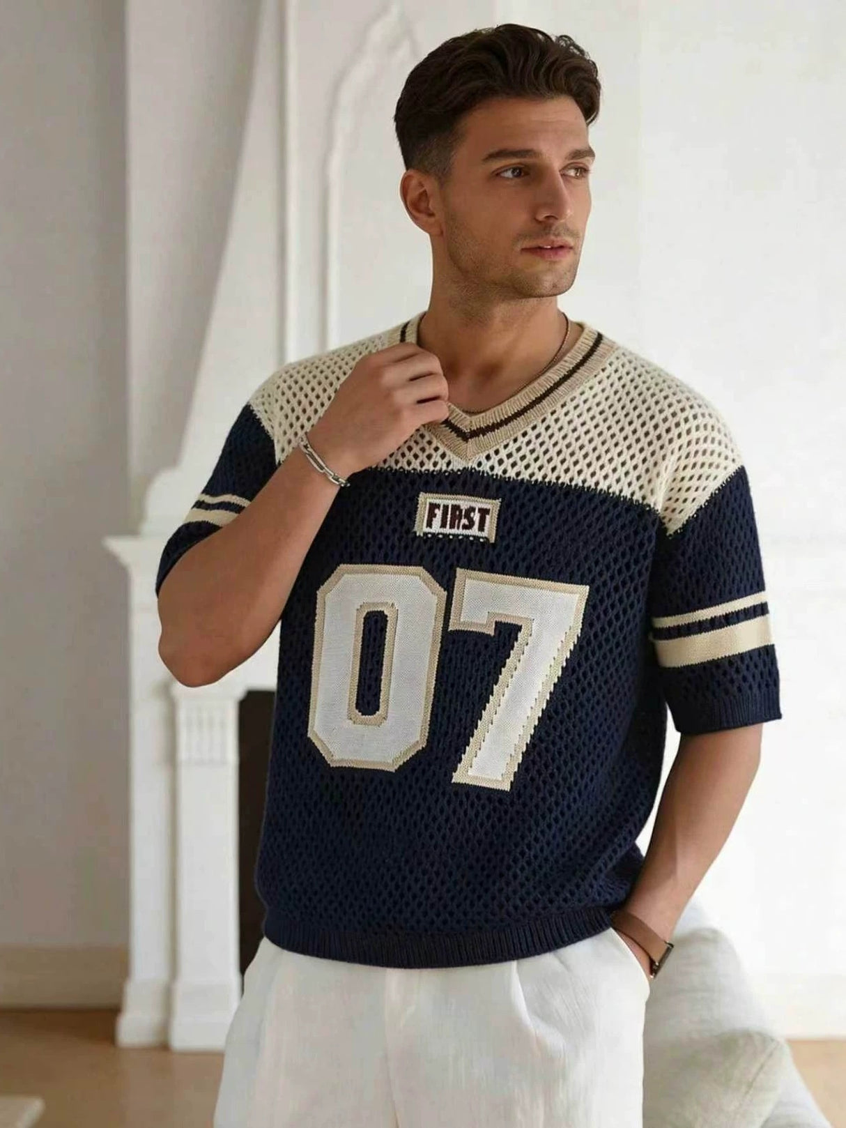 Hollow Out Stripes Color-blocked Number Knitting T-shirts
