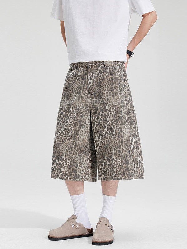 Retro Distressed Leopard Print 7 Points Baggy Shorts
