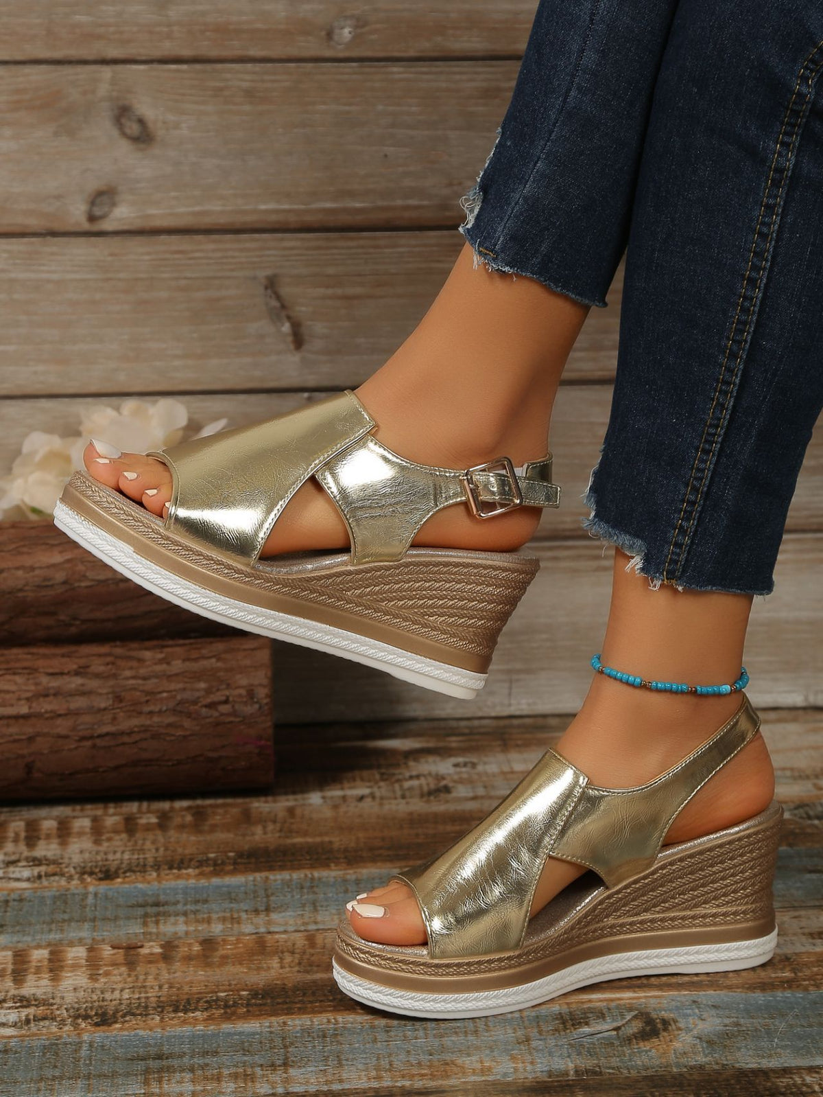 Platform Wedge Sandals, Plus Size, Openwork, Glossy Finish