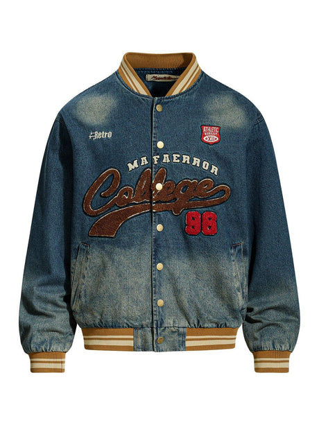 Retro Washing Letter Embroidery Baseball Uniform Denim Jacket