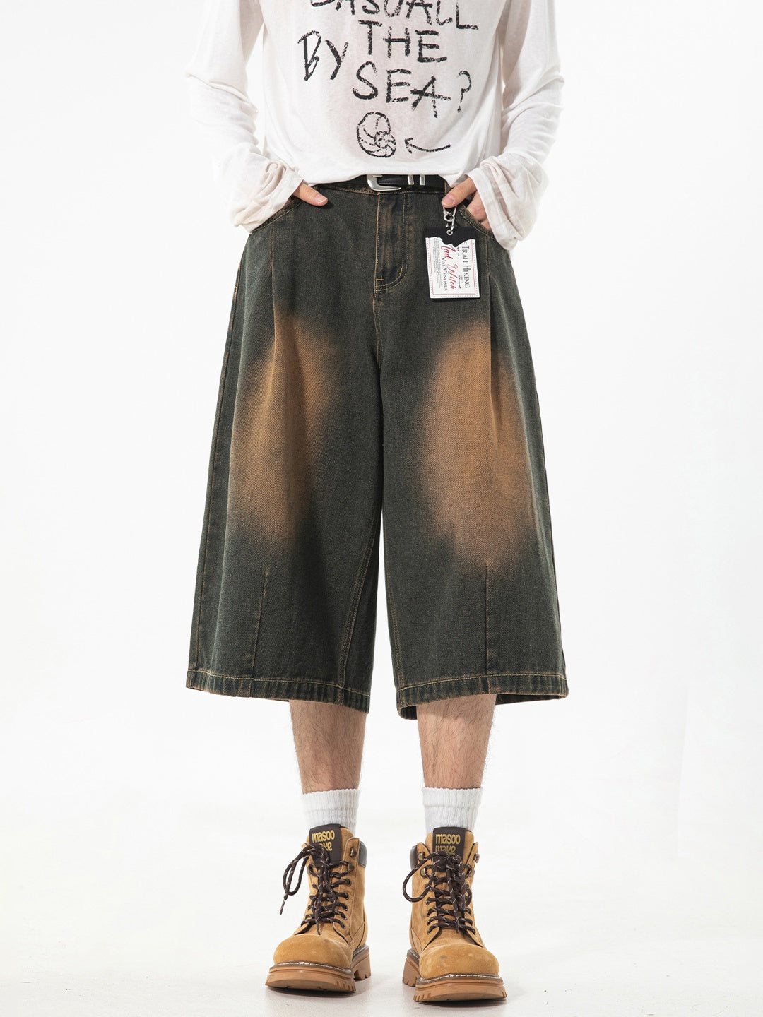 Washed Distressed Loose-fit 7 Points Shorts