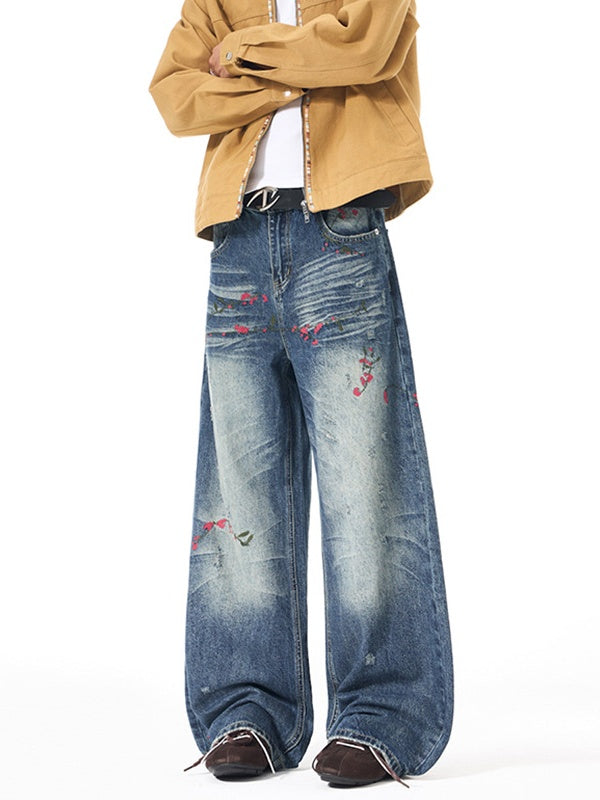 Floral Embroidery Versatile Straight-fit Jeans
