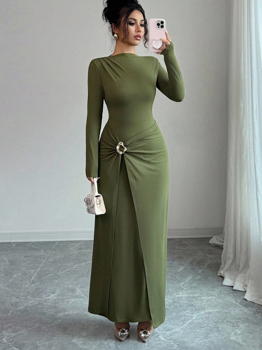 Green Metal Decoration Long Sleeve Hip Knitting Stretch Maxi Dresses