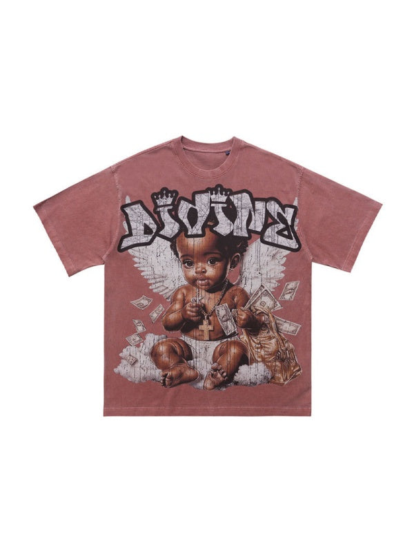 Washing Water Retro Angel Child Printed Loose-fit T-shirts