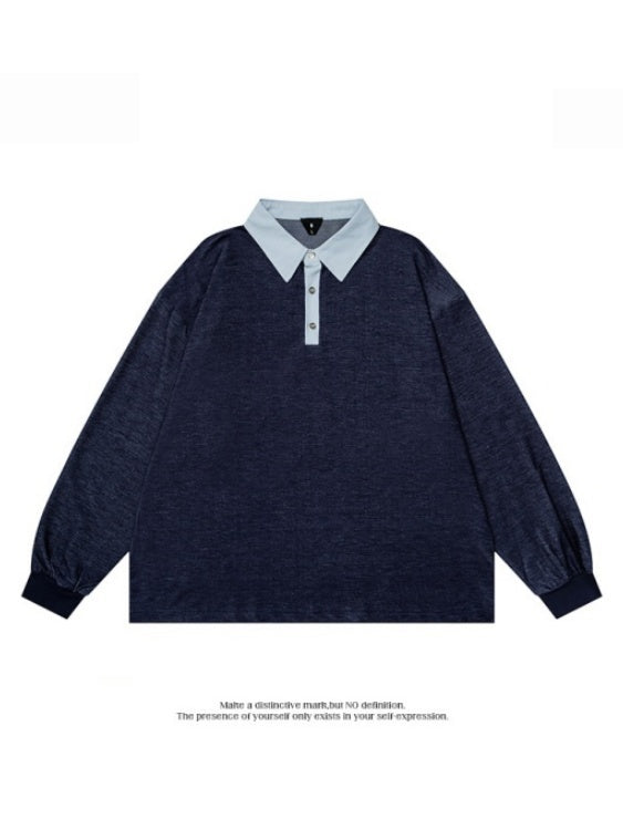 Polo Collar Contrasting Colors Splicing Long-sleeved Polo Shirt