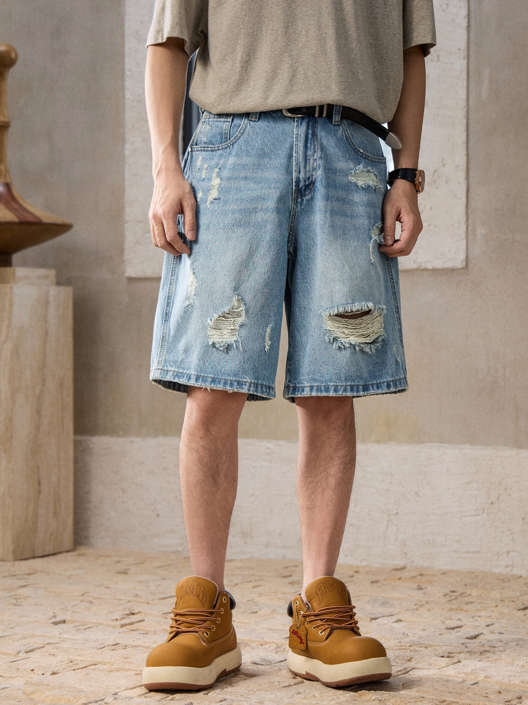 Washed Hole Denim Shorts
