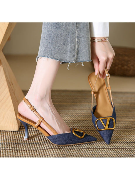 Liber Spring and Autumn Denim Metal Buckle Women's High Heels