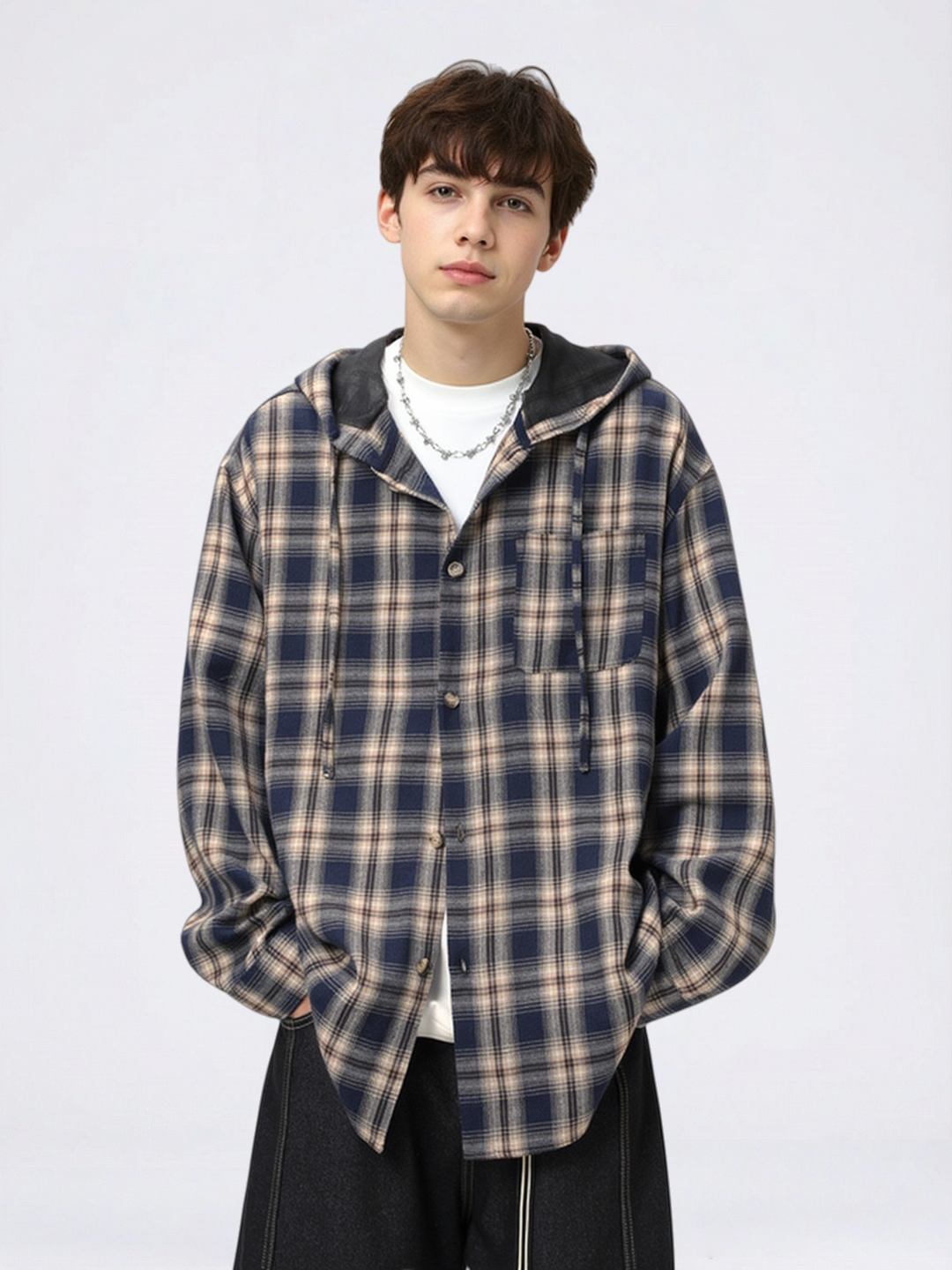 Color-blocked Plaid Hooded Shirt