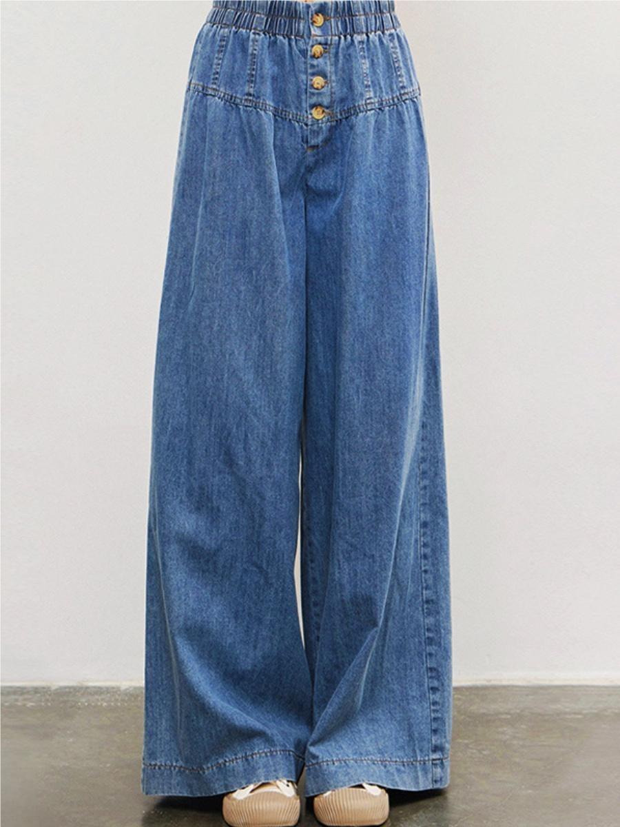 Straight-leg Pants, Water Wash Wide-leg Pants Elastic Waist Jeans