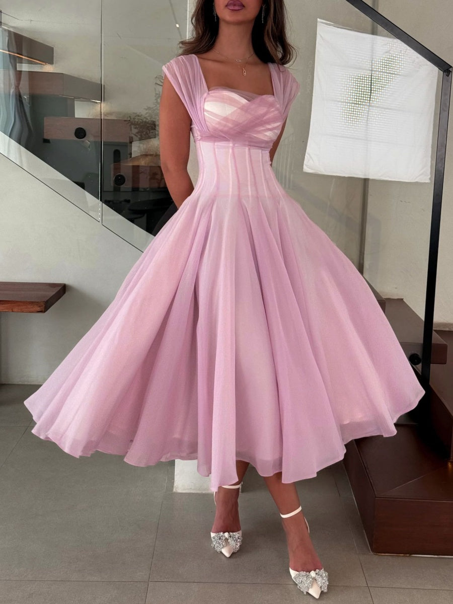 Mesh Splicing Waist Big Swing Midi Dresses