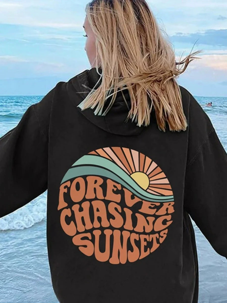Forever Chasing Sunsets Loose Casual Hooded Sweatshirt