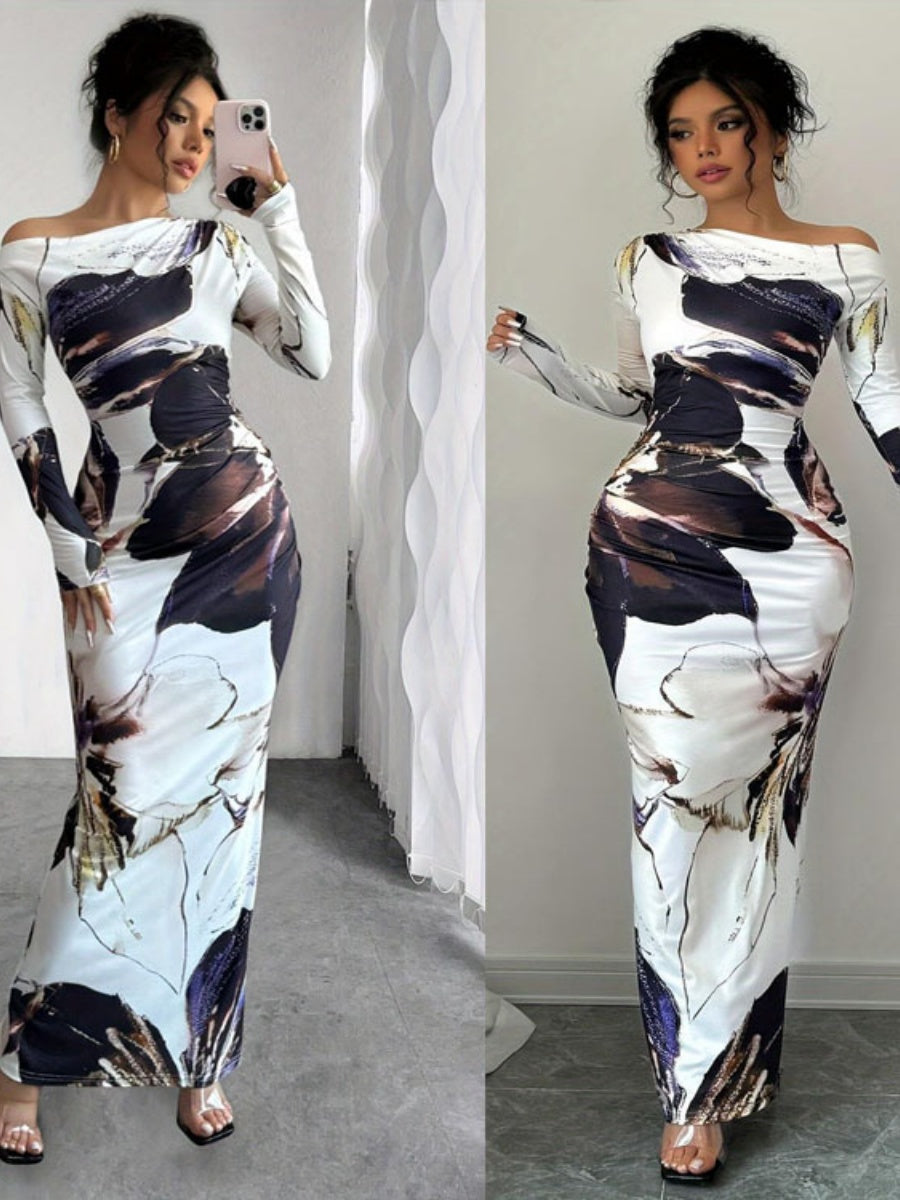 Milk Silk Printed Off-the-shoulder Long Dress