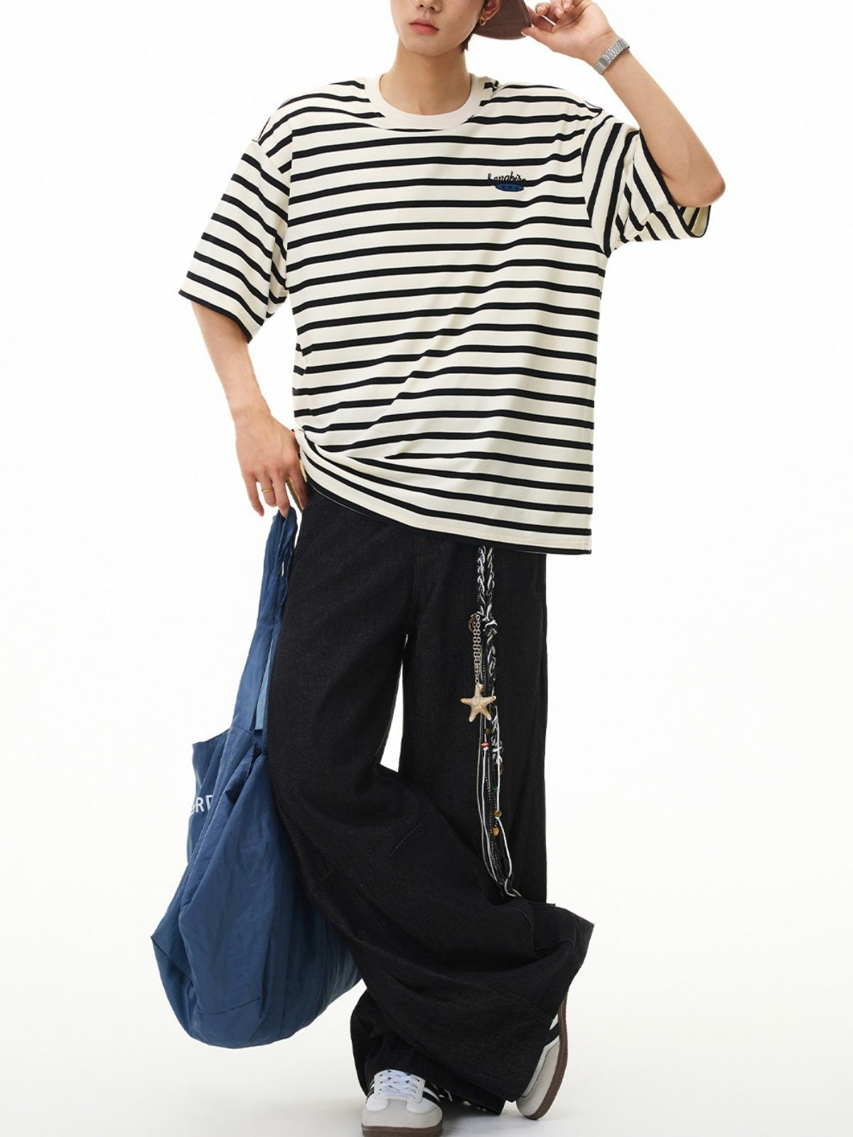 Color-blocked Stripes Letter Applique T-shirts