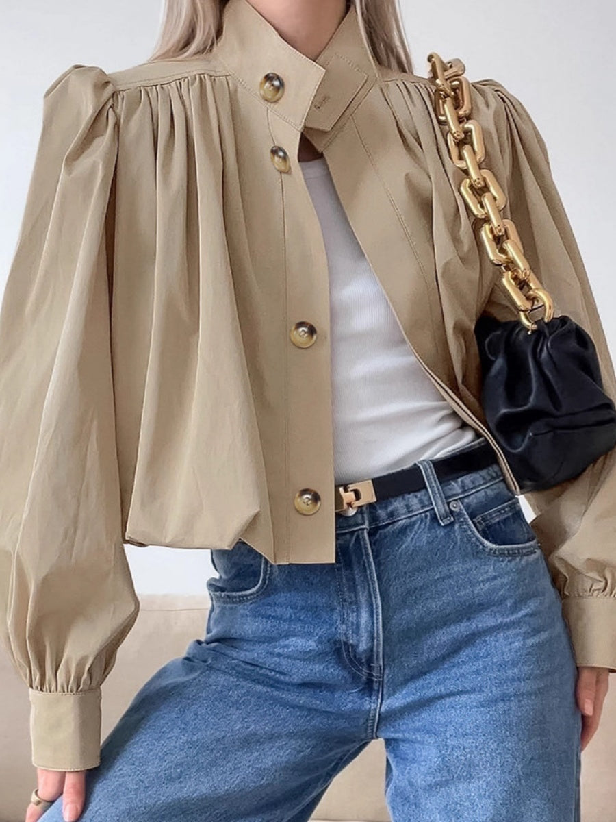 Short Pleated Lantern Sleeve Trench Coat