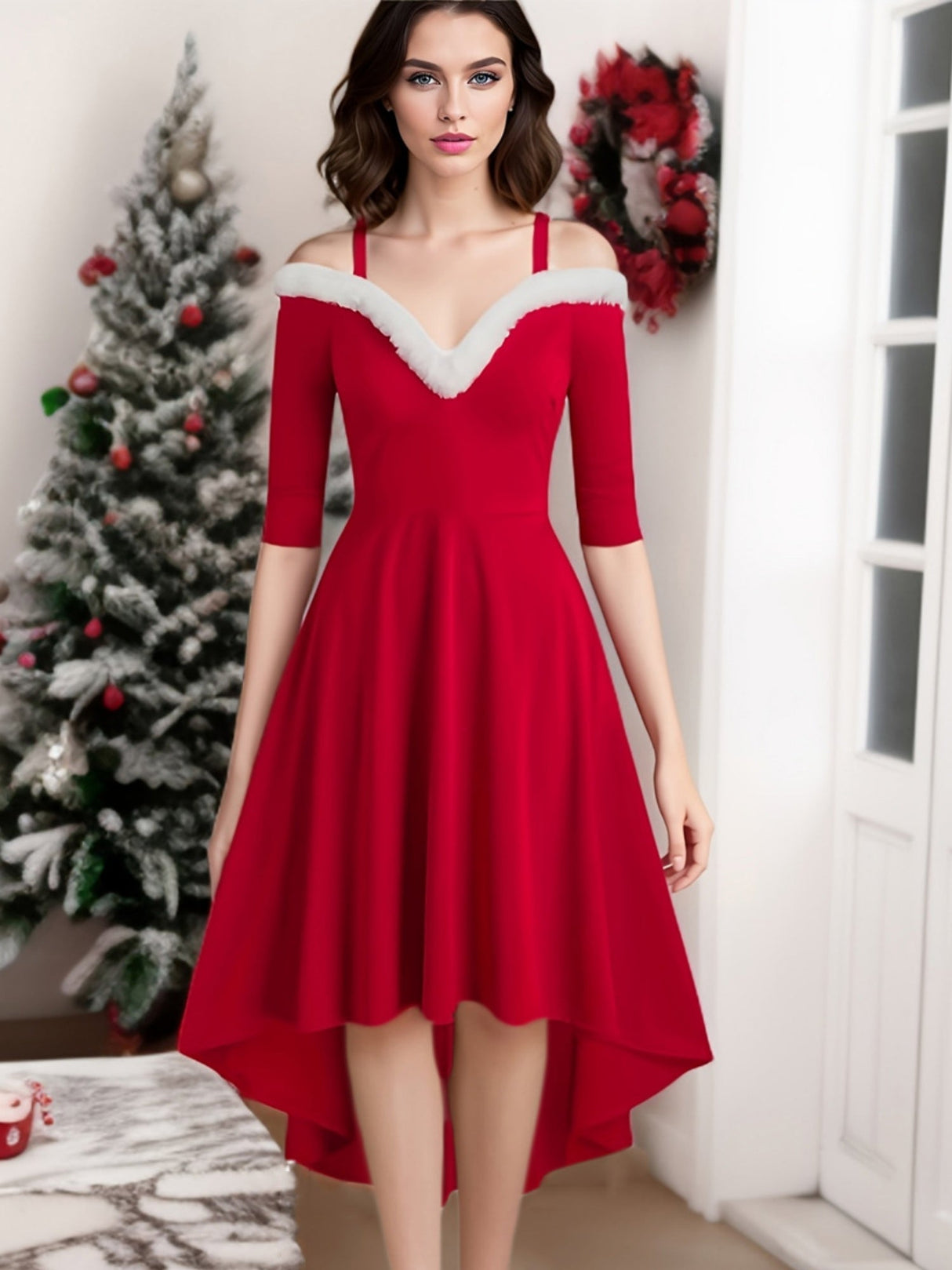 Christmas Plush Splicing High And Low Deep V Off-shoulder Large Skirt Three-quarter Sleeves Midi Dresses