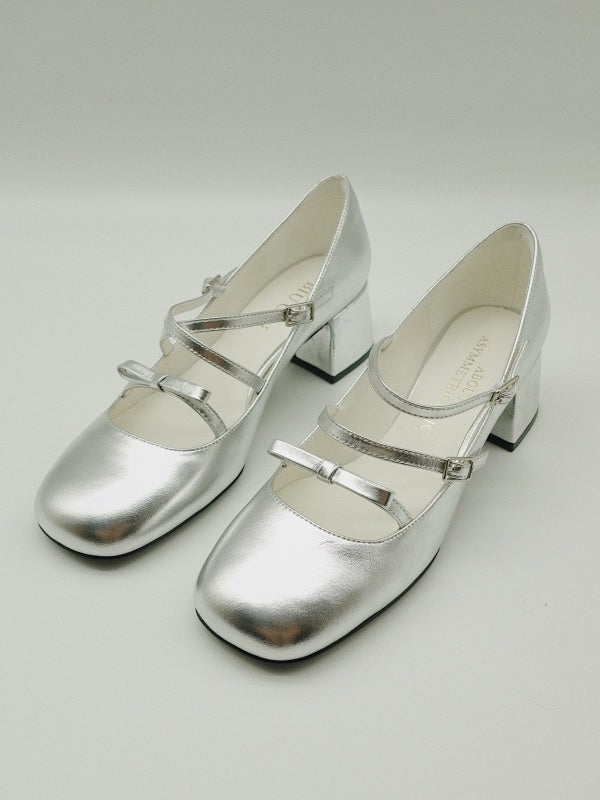 BIUCILI "kilig" Original Silver Ballet Bow Chunky Heel Mary Jane Barbie Flats For Women