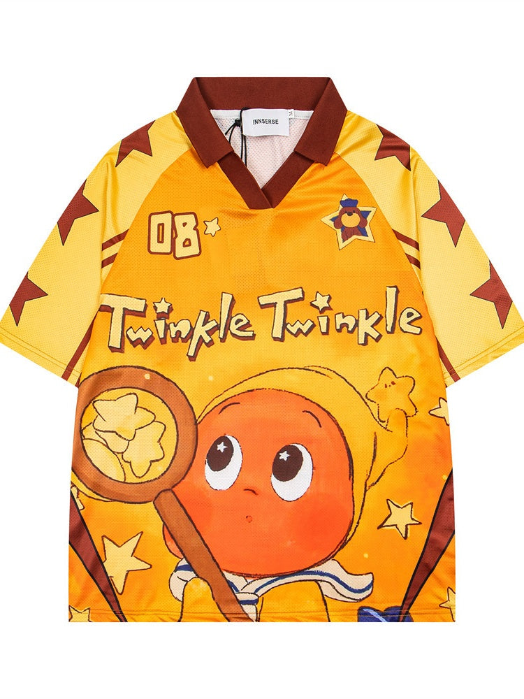 Cartoon Printed Loose-fit Breathable Mesh Polo Shirts