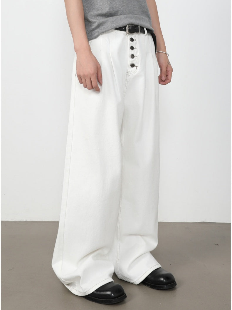 Retro Straight-fit Double Pleat Button Loose-fit Denim Pants