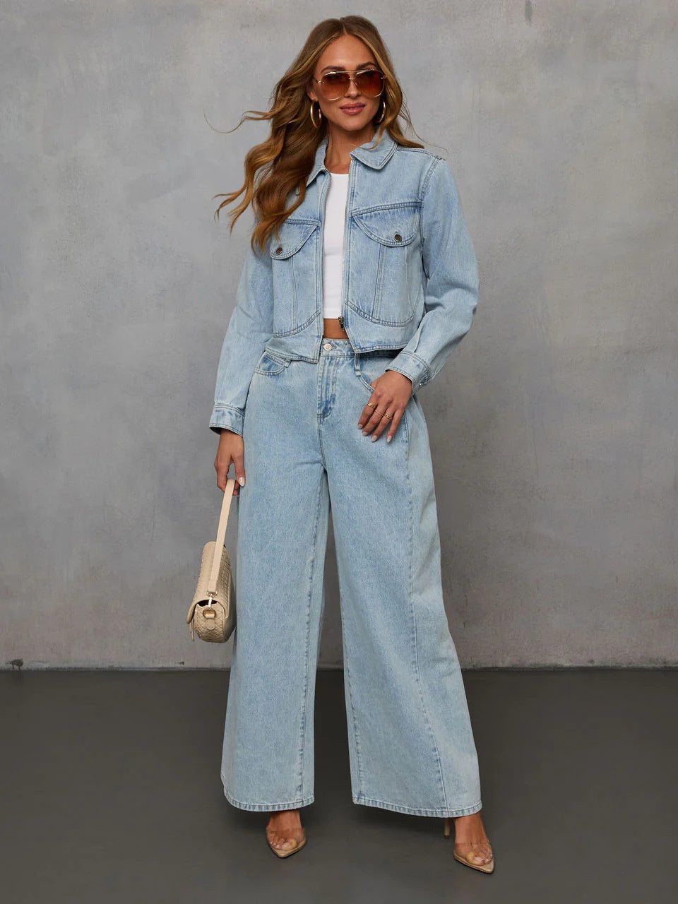 Denim Distressed Solid Color Jacket And Trousers 2-piece Sets