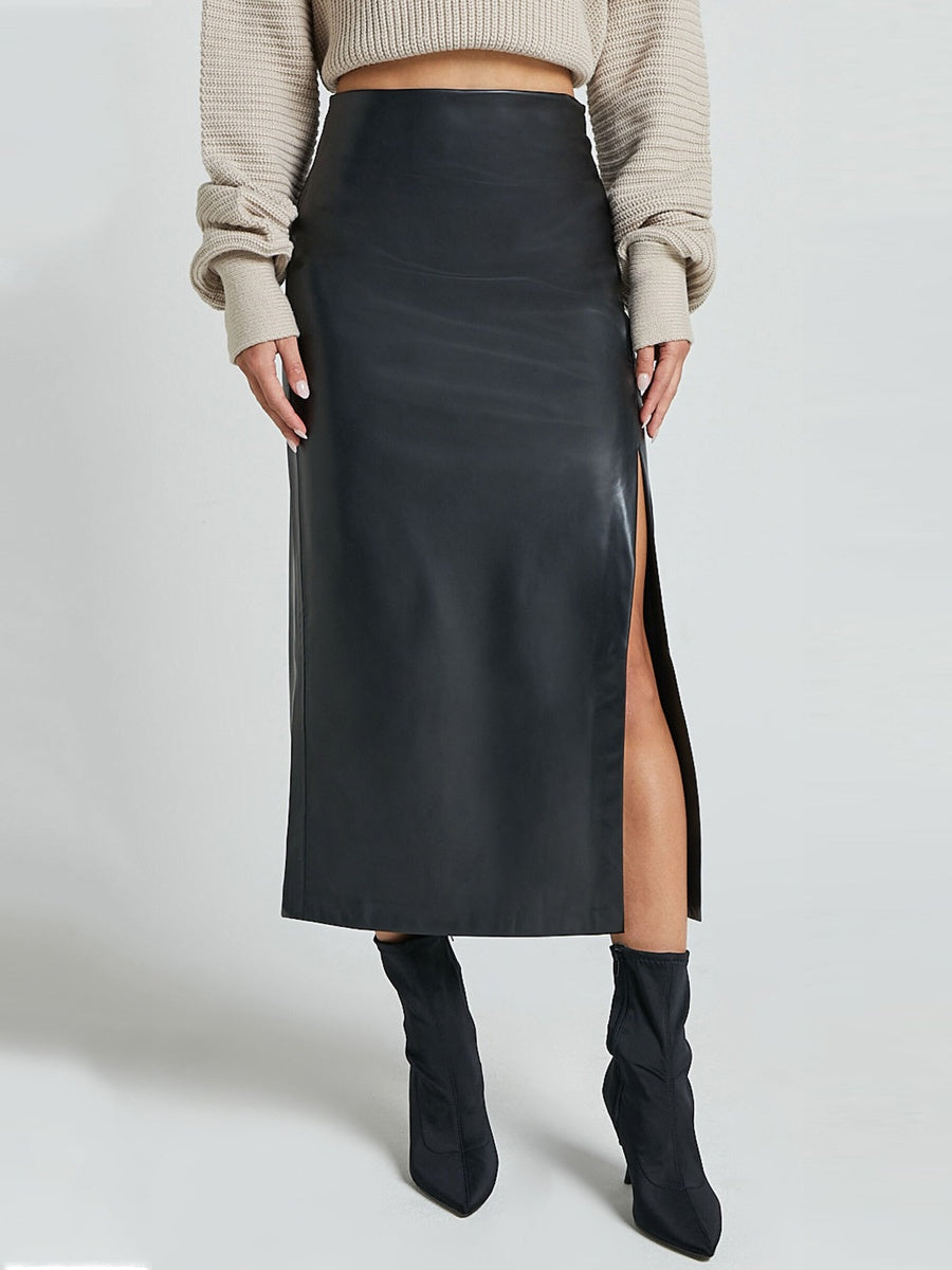 Slit High Waist Zipper Slim Fit Hip Leather Skirts