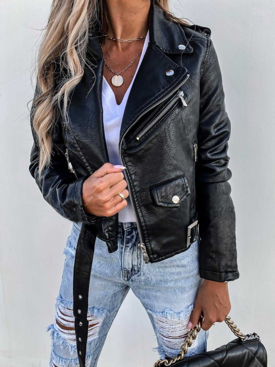 Vestes courtes en cuir PU avec poche zippée