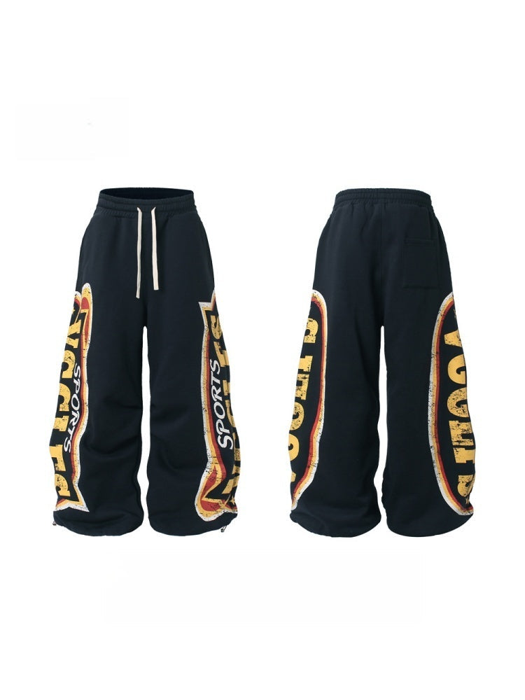 Retro Large Letter Print Wide-leg Sports High Fleece-lined BF Curved Blade Sweatpants
