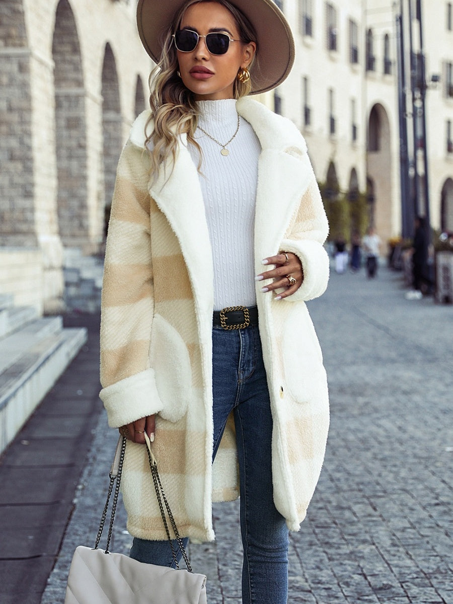 Long Pockets Plaid Printed Suit Collar Single-breasted Plush Coat