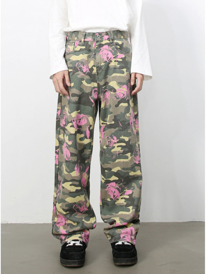 Camouflage Ins Loose-fit Straight-fit Wide-leg Jeans