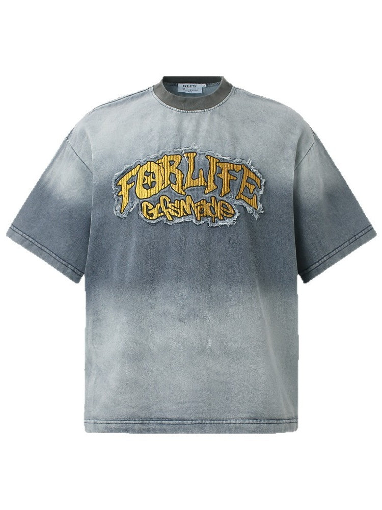 Tie-dye Gradient Washed Distressed Embroidery Denim T-shirt