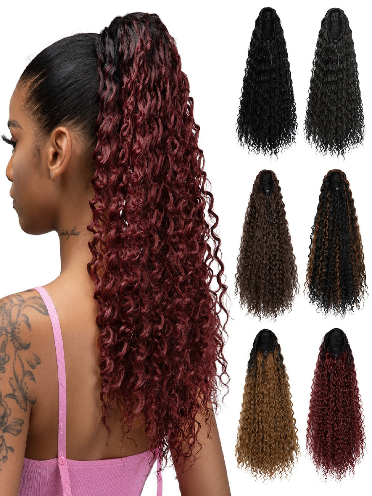 Drawstring Adjustable Synthetic Fiber Ponytail Wavy Curl Wig