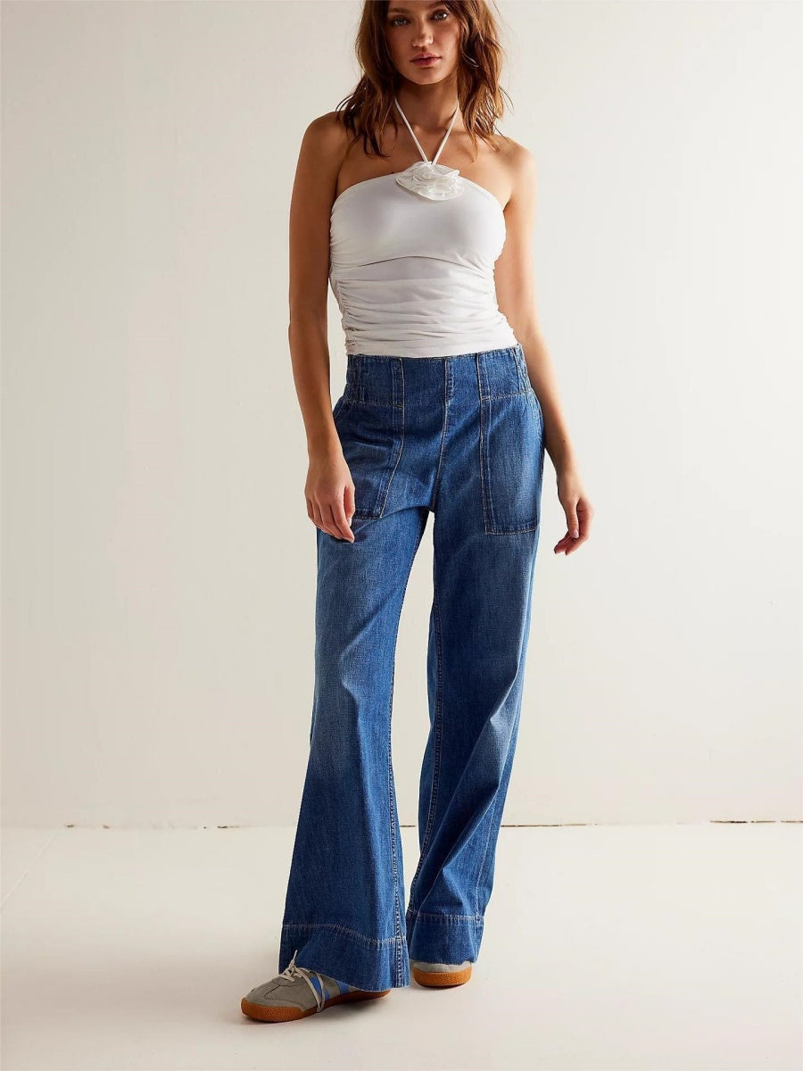Straight-leg Pants With Contrasting Stitching Big Pocket Elastic Waistband Daily Work Jeans