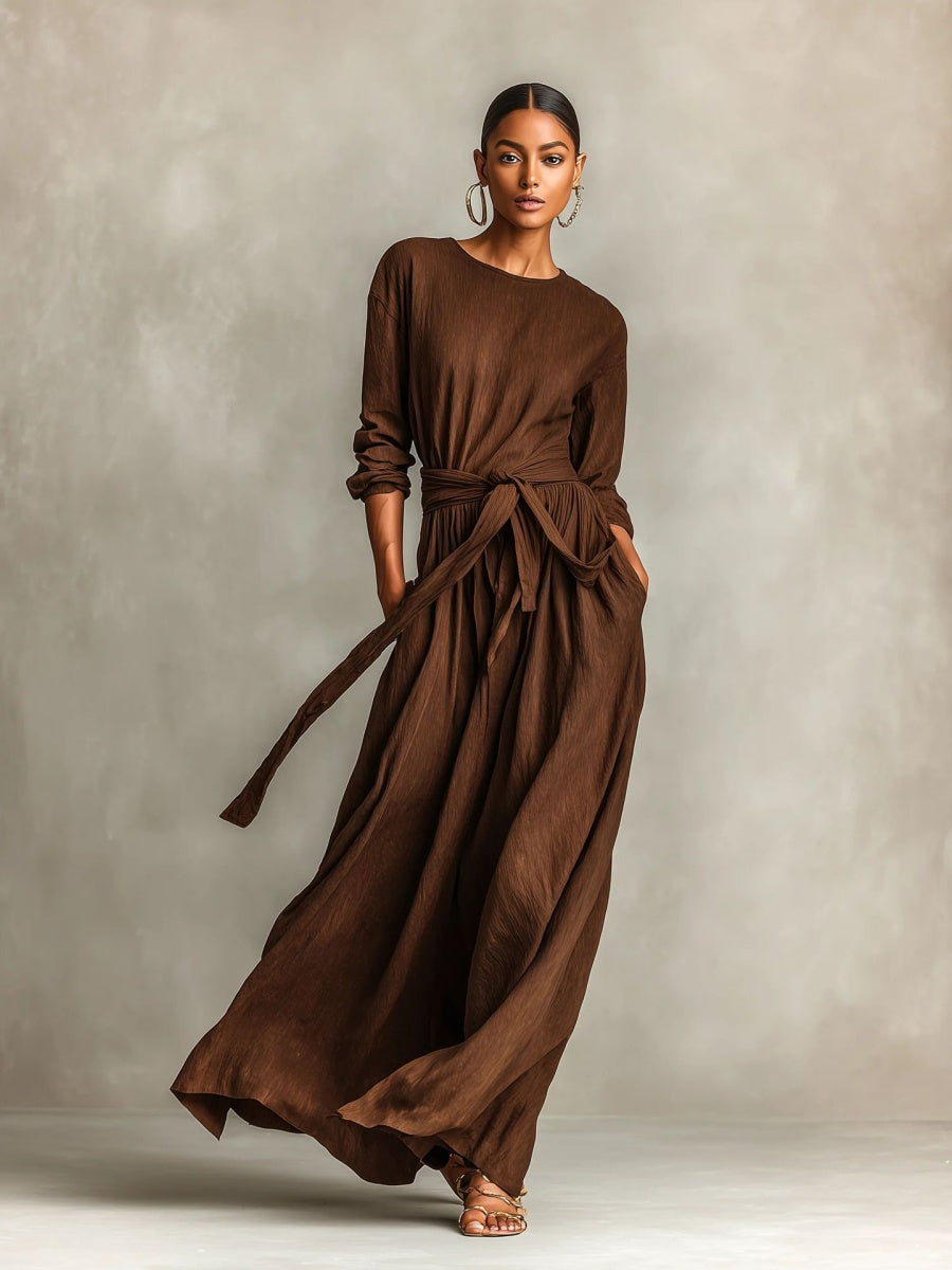 Elegant Brown Woven Long-sleeved Round Neck Long Dress