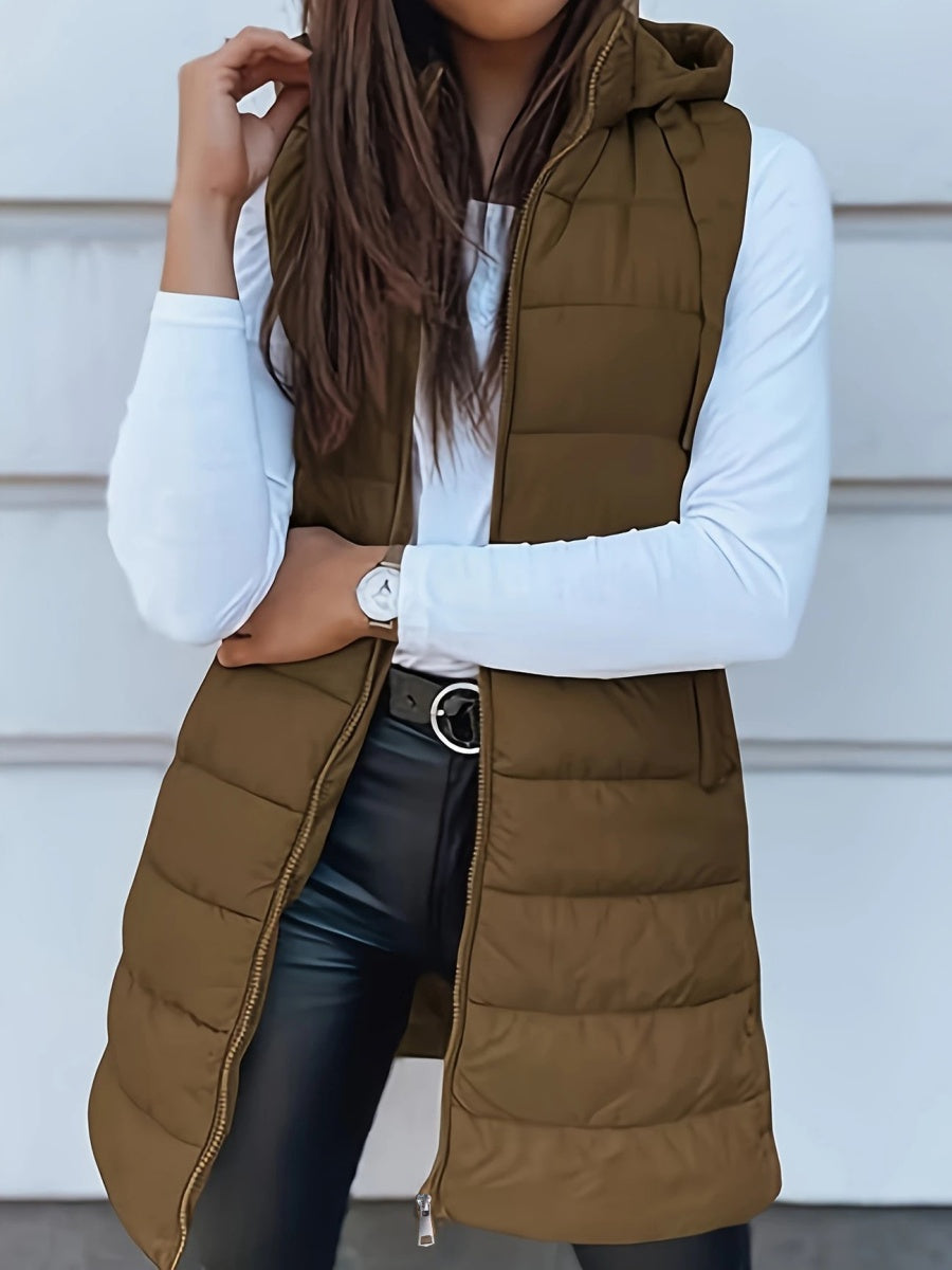 Mid-length Hooded Design Keep Warm Leisure Zipper Pocket Quilted Vest